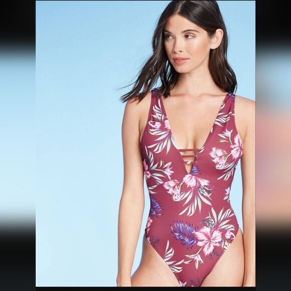 NWT Shade & Shore Lowest Covered One-Pice Swimsuit Tropic Hawaiian Floral Size M - Picture 1 of 12